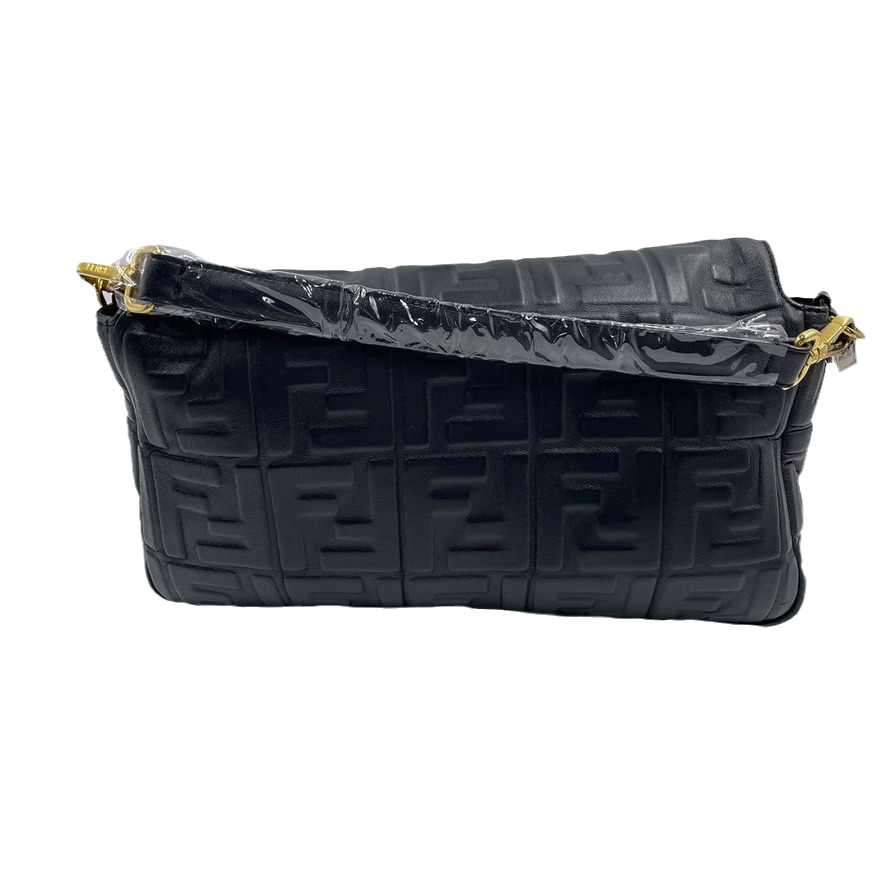 Fendi Baguette Black Leather 3D FF Motif Crossbody bag Large