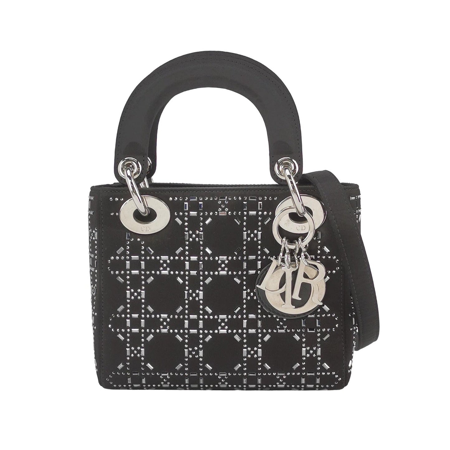 Lady Dior Mini Black Silk with Crystals Silver Hardware