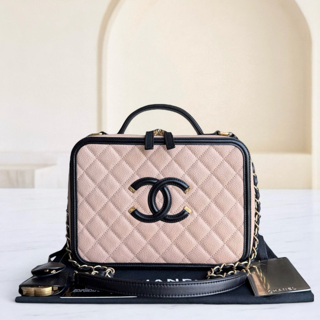 Chanel Camera Filigree Box Bag Large - Caviar Quilted Grained Calfskin Black Beige Gold Hardware Series 23