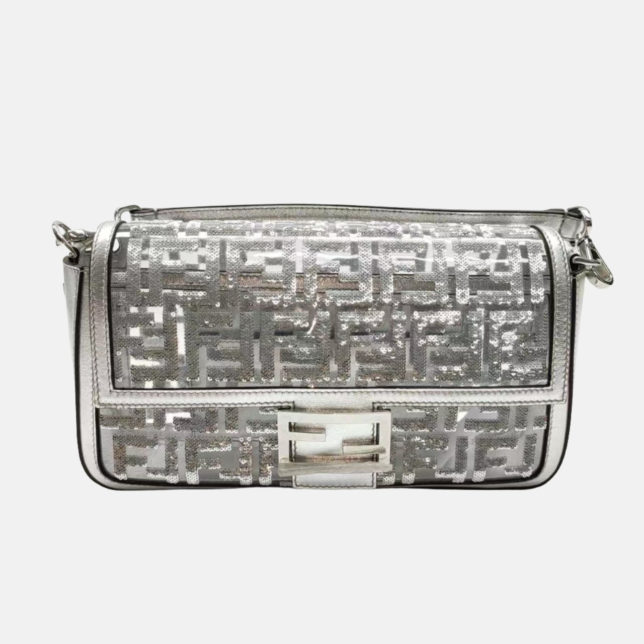 Fendi Baguette Fendi x Nicki Minaj Silver PVC and Leather with Glitter Sequins Crossbody Bag