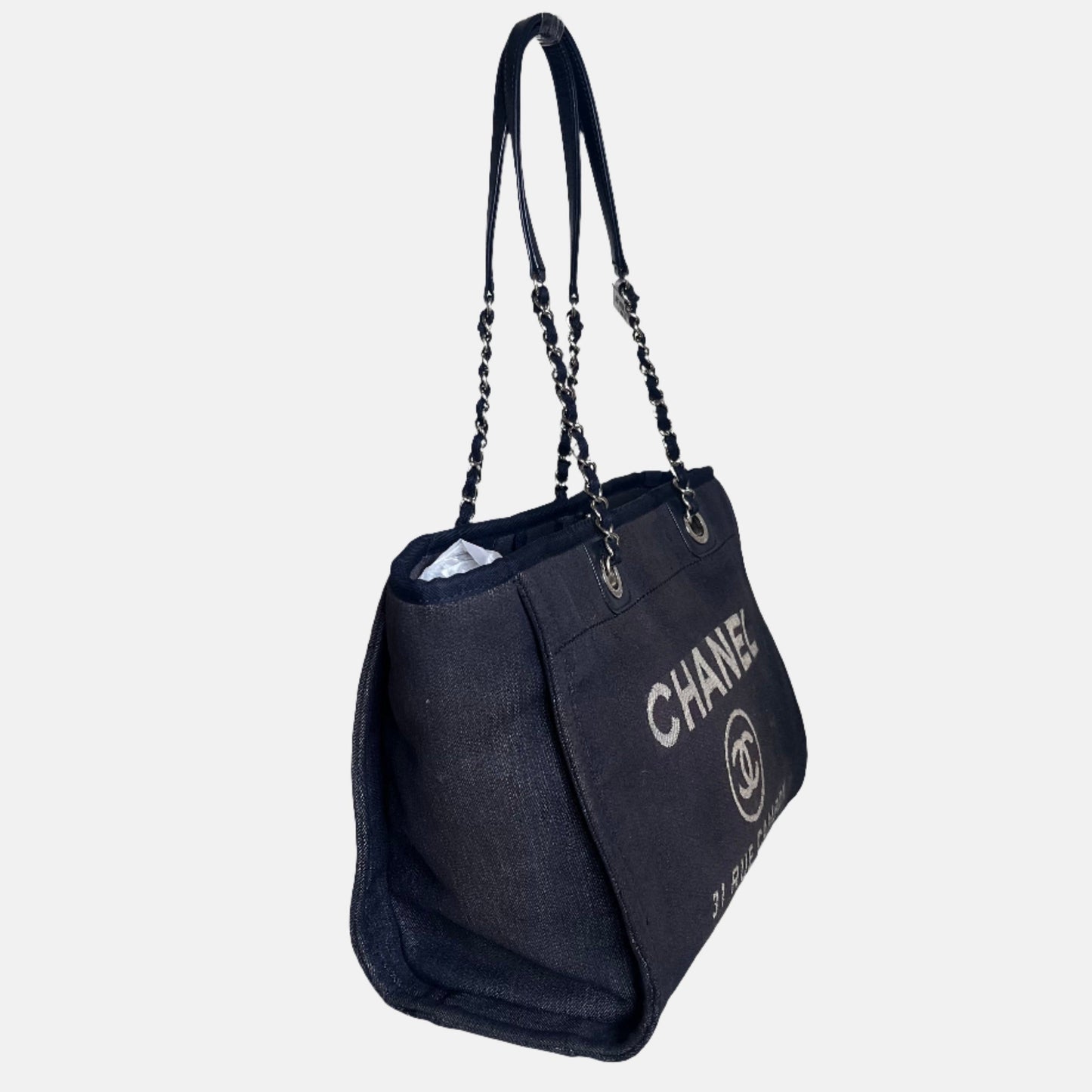 Chanel Deauville Tote 2016 Medium Navy Denim Top Handle Shoulder Bag