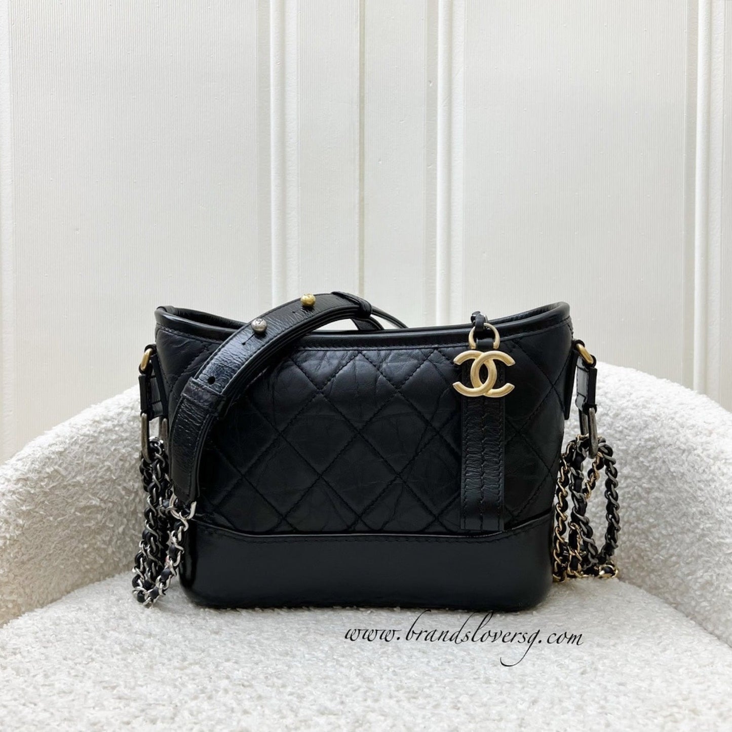 Chanel Small Gabrielle Hobo in Black Distressed Calfskin and 3 tone Hardware (Model: A91810) Shoulder Bag