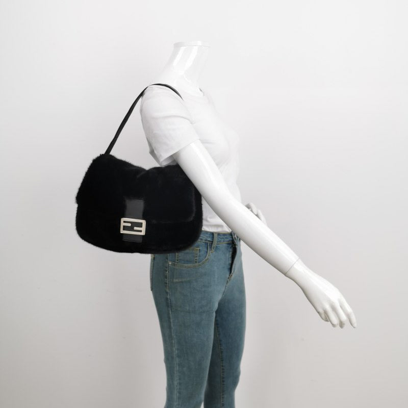 Fendi Mamma Baguette Black Faux Fur Shoulder Bag