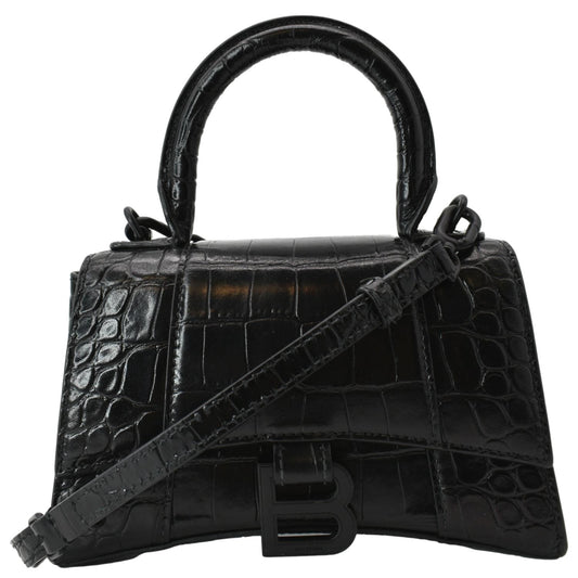BALENCIAGA Hourglass Leather Tote Crossbody Bag Black