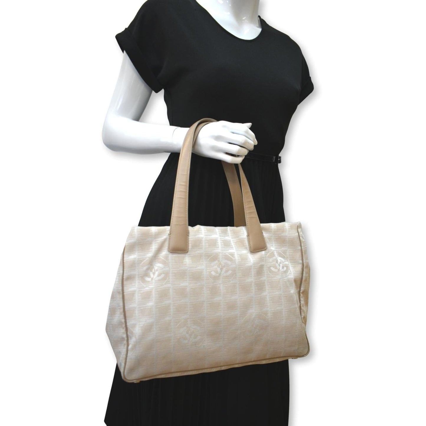 CHANEL CC Logo Travel Line Nylon Tote Bag Beige
