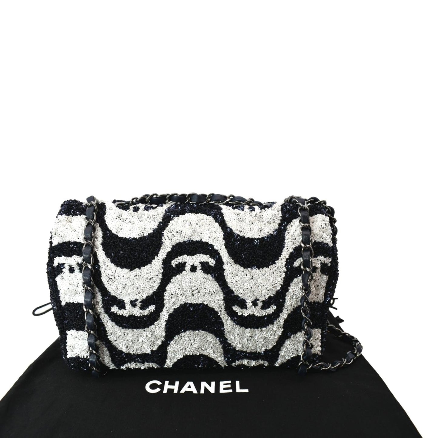 CHANEL Classic Flap Sequin Chain Shoulder Bag Black/White