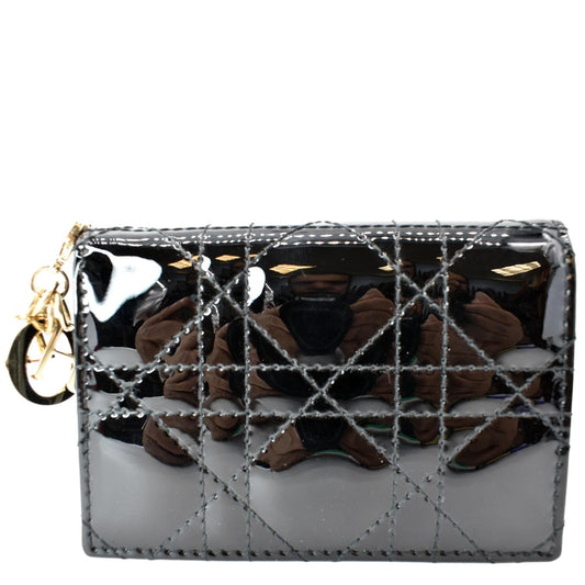 CHRISTIAN DIOR Mini Lady Dior Cannage Calfskin Leather Compact Wallet Black