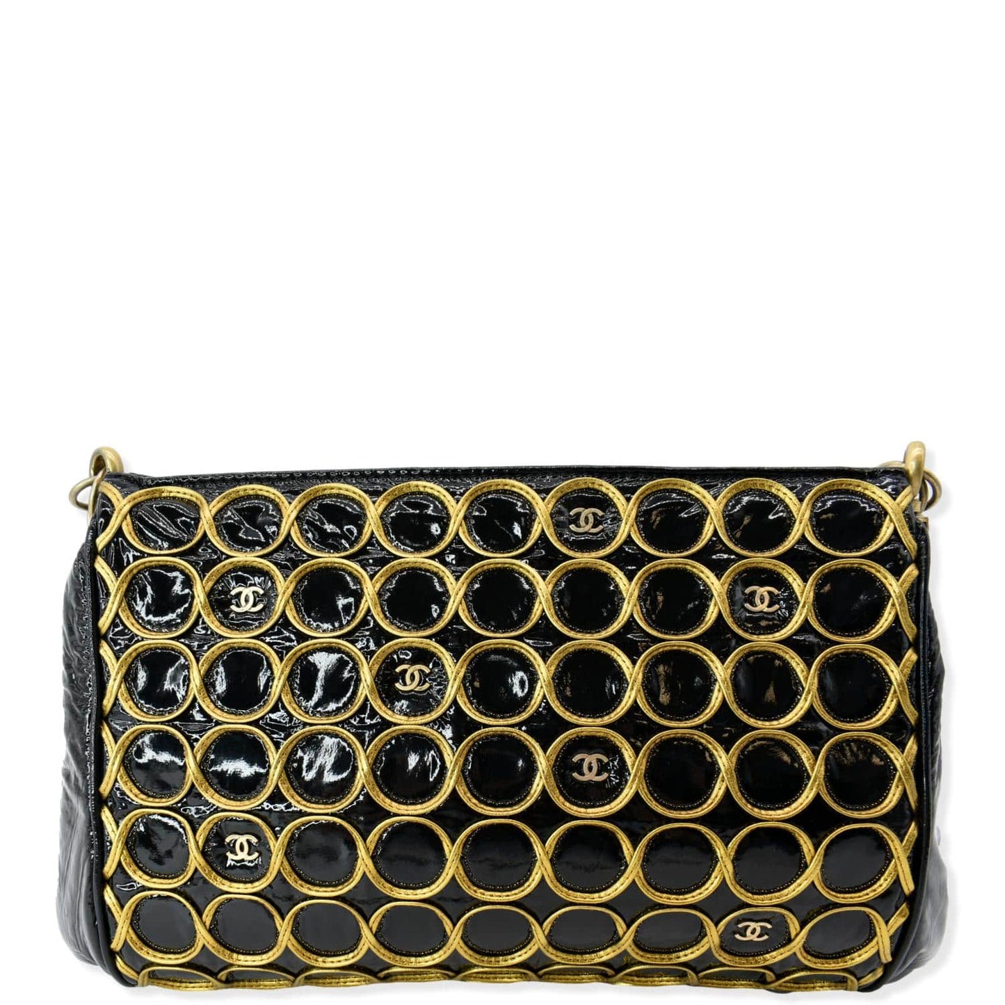 CHANEL CC Embroidered Patent Quilted Chain Clutch Bag Black/Gold