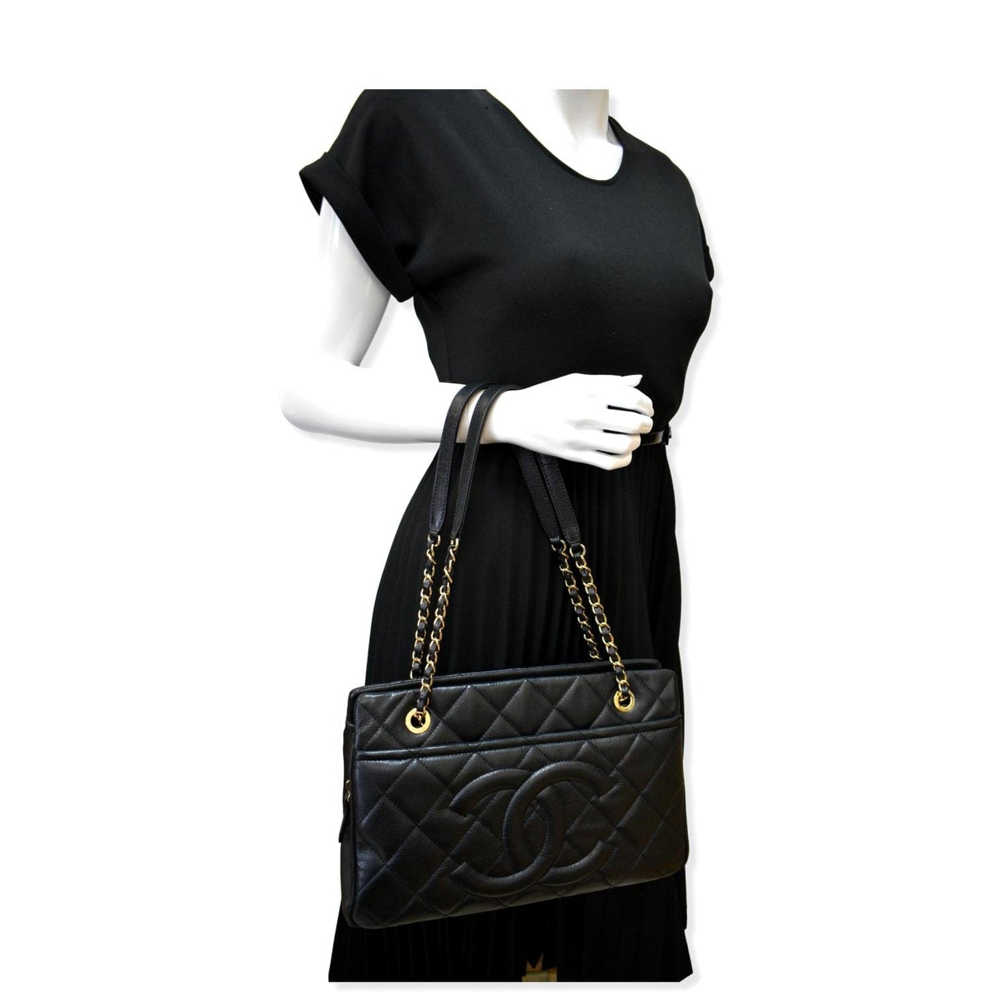 CHANEL Timeless CC Soft Quilted Caviar Leather Shopping Tote Bag Black