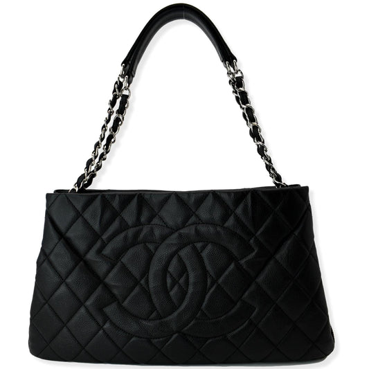 CHANEL Expandable Zip Around Caviar Quilted Tote Shoulder Bag Black