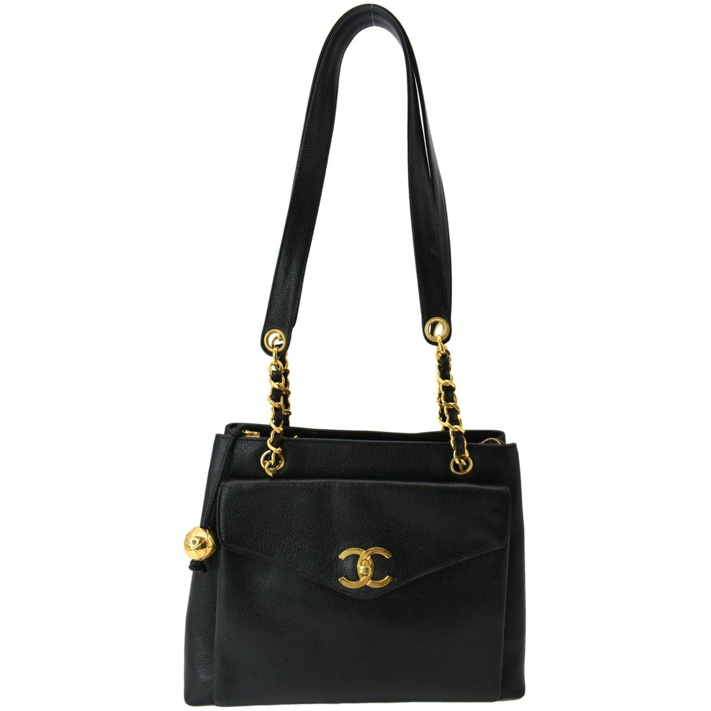 CHANEL Vintage Front Pocket Caviar Leather Shoulder Bag Black