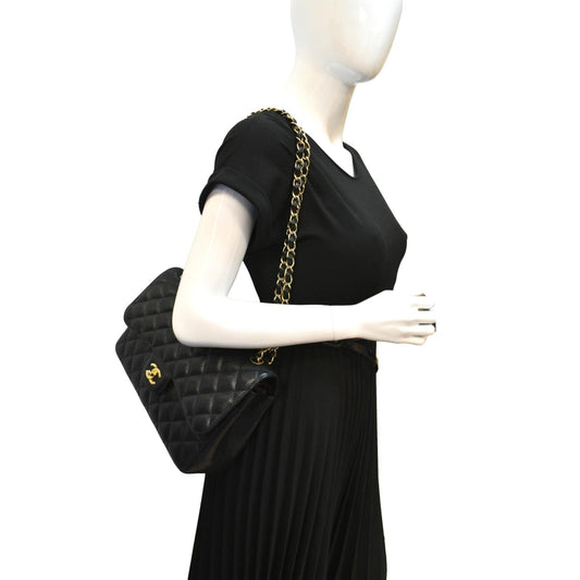 CHANEL Classic Double Flap Caviar Leather Shoulder Bag Black
