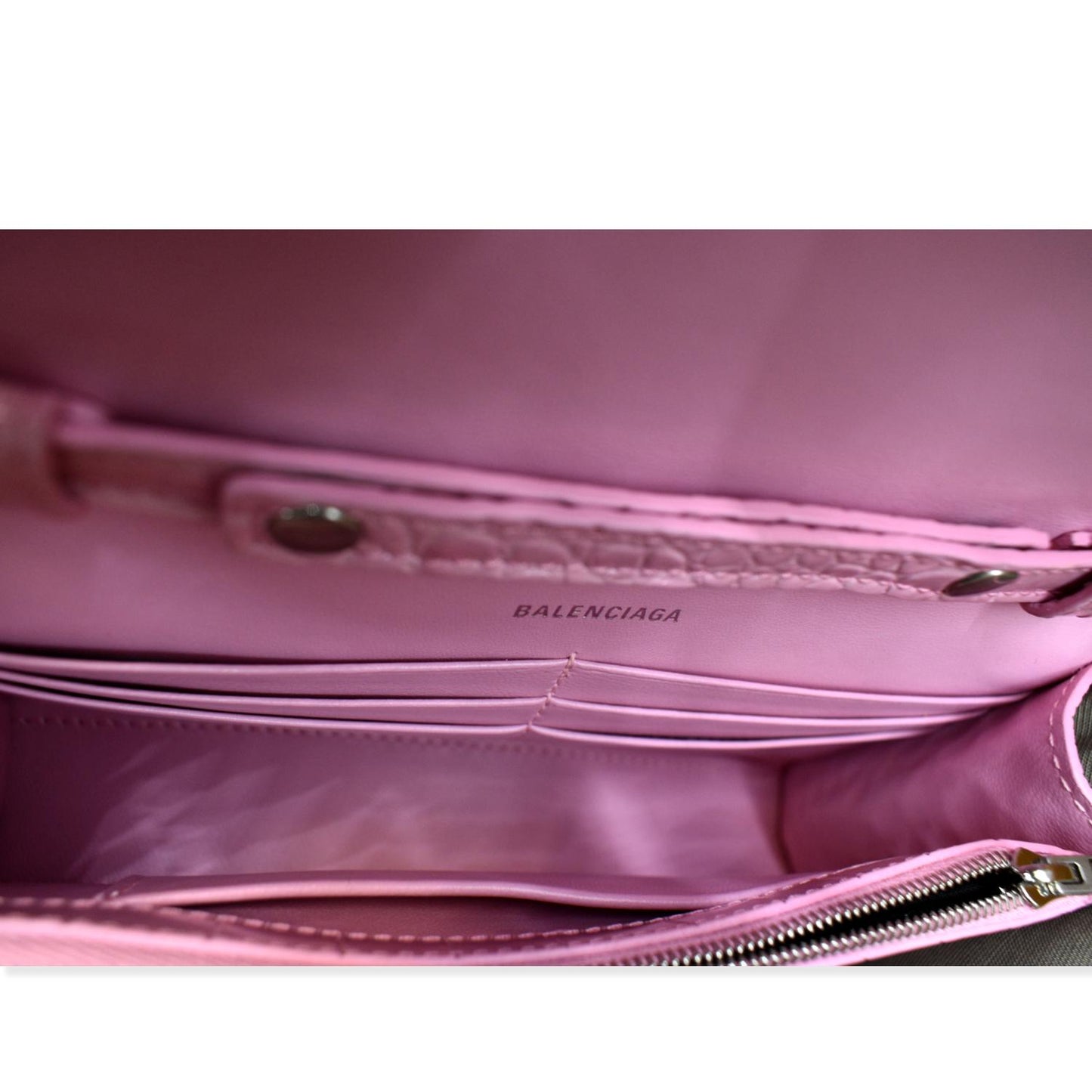 BALENCIAGA Hourglass Crocodile Embossed Chain Wallet Pink