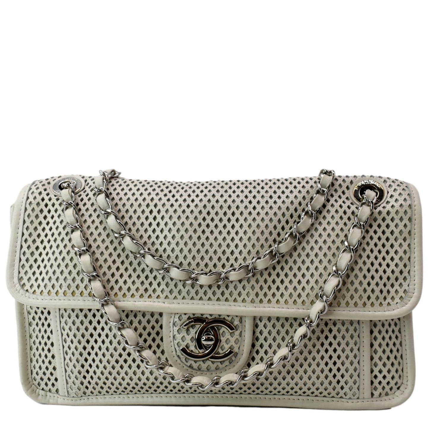 CHANEL Up in the Air Classic Flap Perforated Calfskin Shoulder Bag White