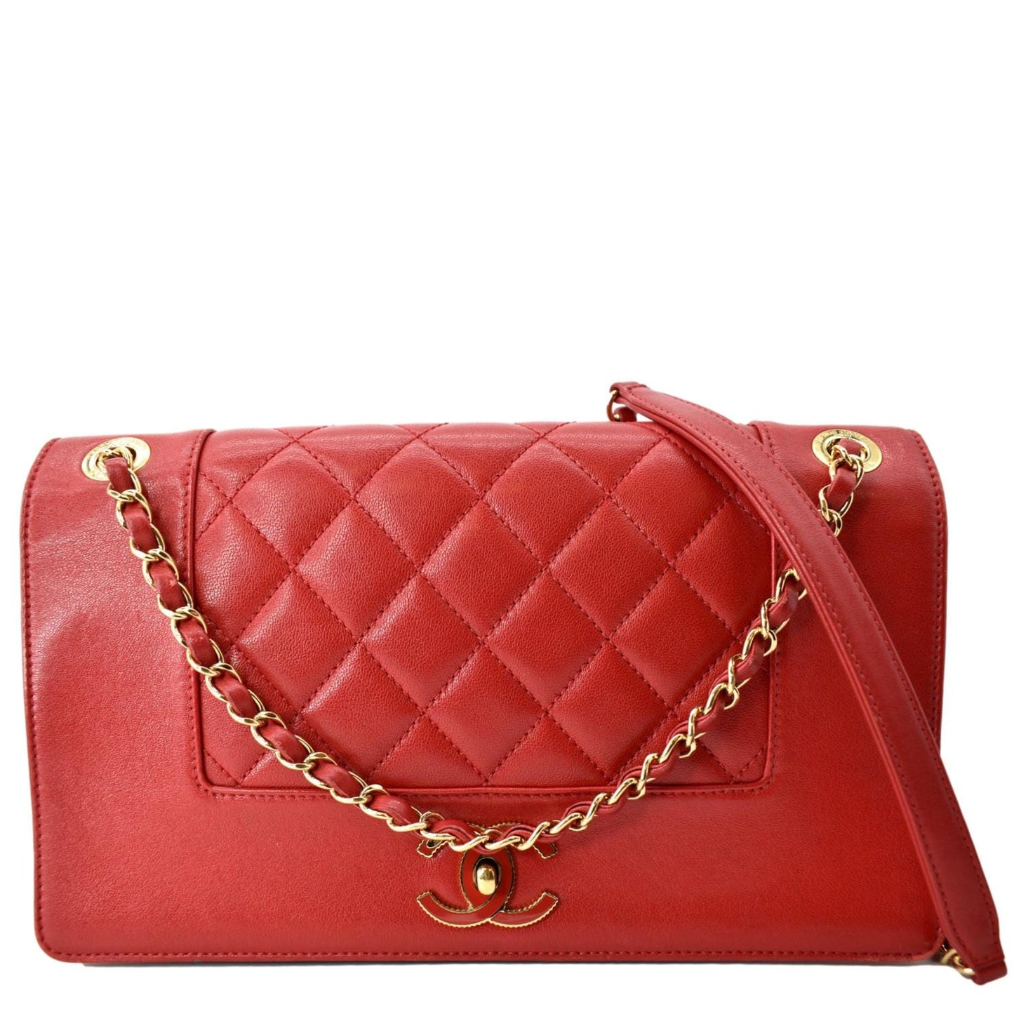 CHANEL Mademoiselle  Flap Sheepskin Leather Shoulder Bag Red