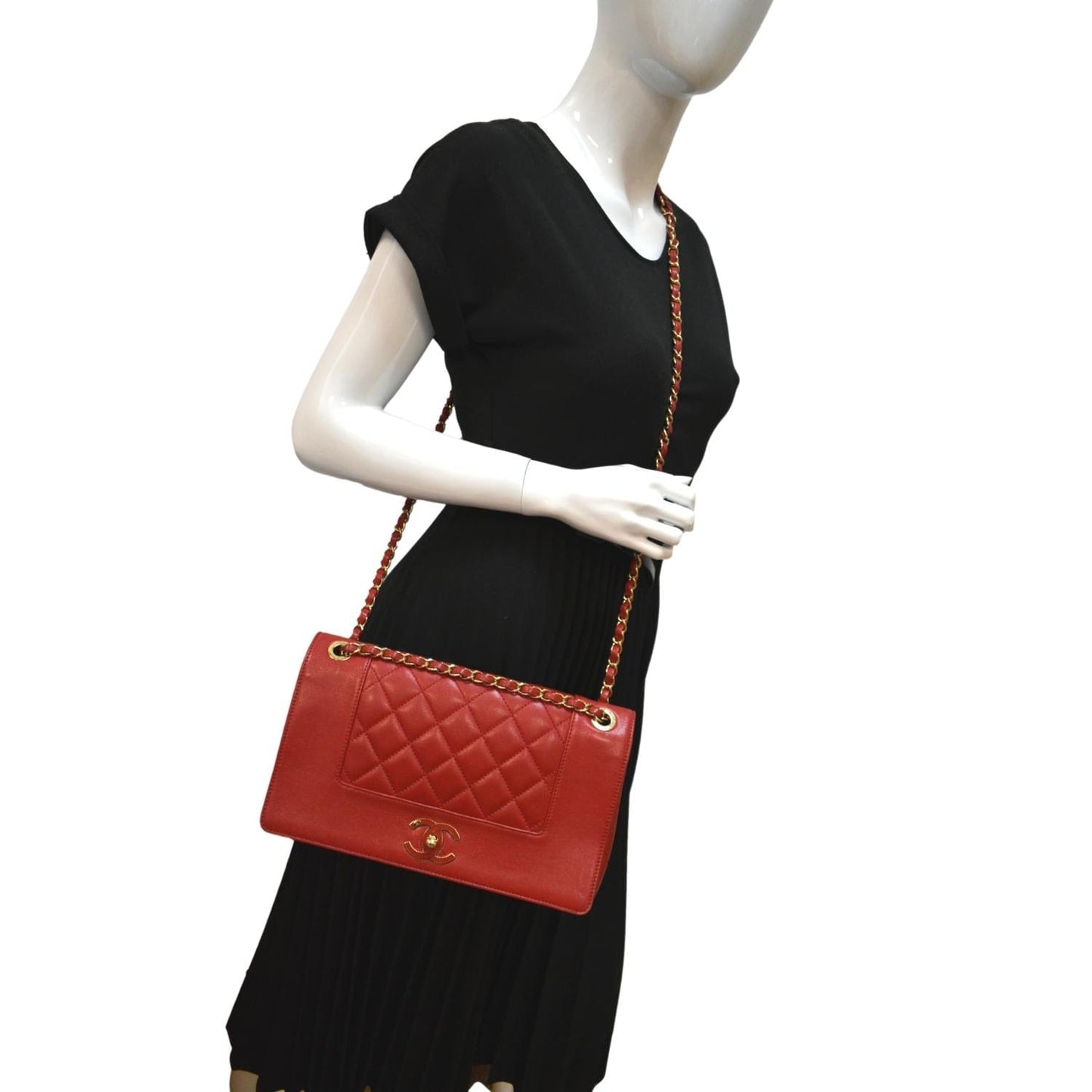 CHANEL Mademoiselle  Flap Sheepskin Leather Shoulder Bag Red