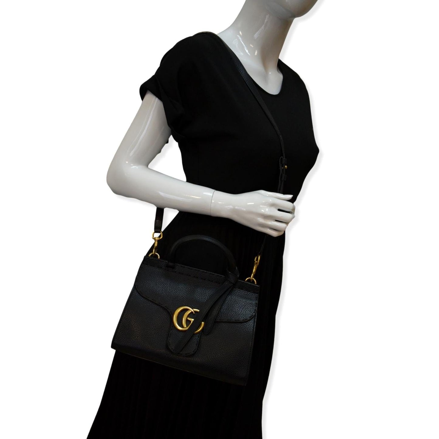 GUCCI GG Marmont Leather Top Handle Shoulder Bag Black 442622