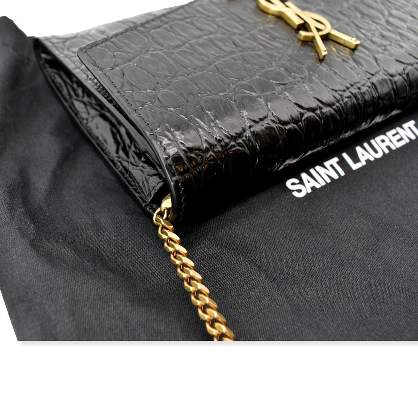 YVES SAINT LAURENT Uptown Crocodile-Embossed Crossbody Chain Wallet Black