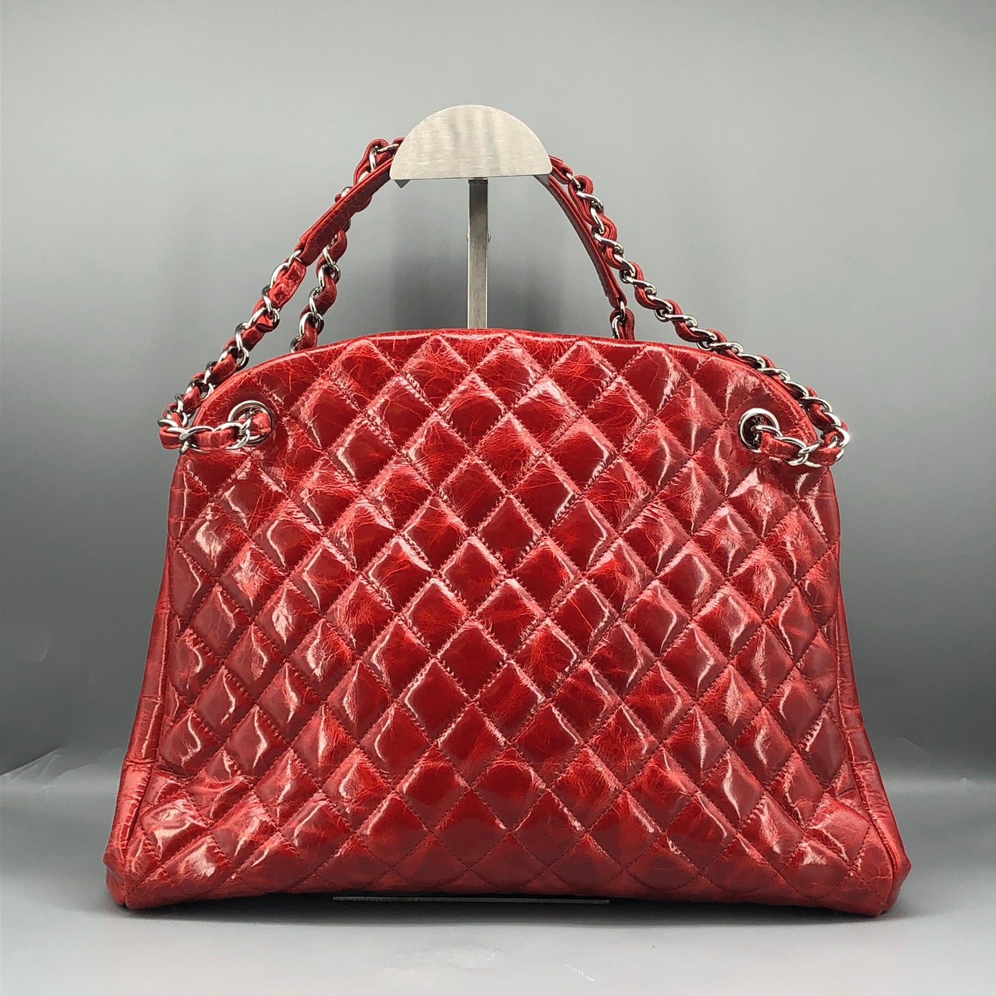 Chanel Just Mademoiselle Quilted Patent Leather Bowling Shoulder Bag Cherry Red