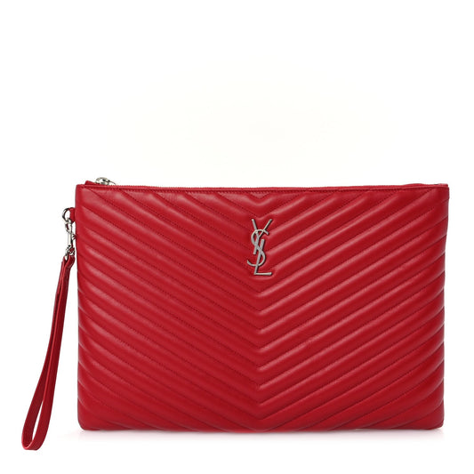 Saint Laurent Calfskin Matelasse Chevron Monogram Document Holder Rouge Eros