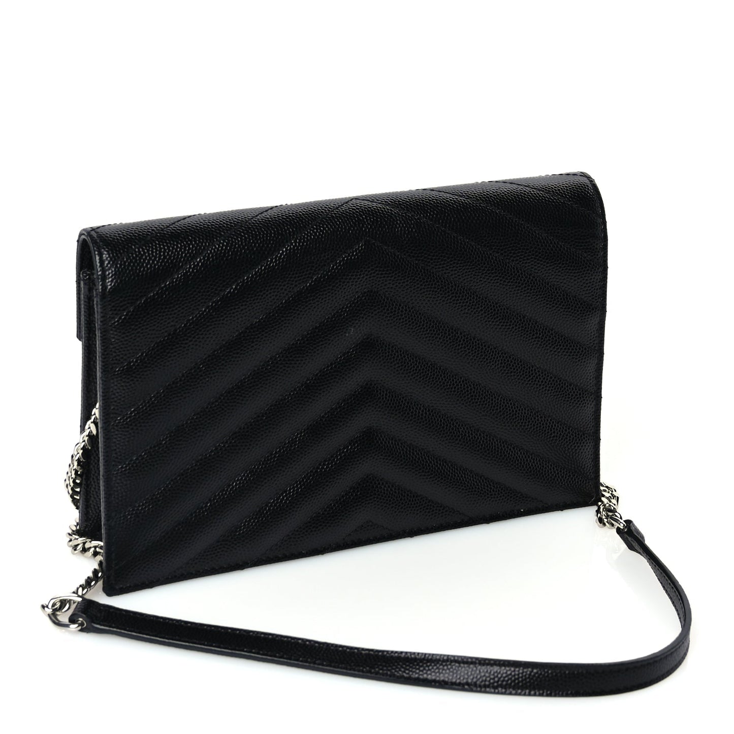Saint Laurent Grain De Poudre Matelasse Chevron Monogram Envelope Chain Wallet Black