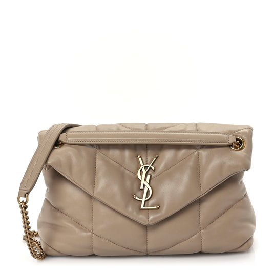 Saint Laurent Lambskin Quilted Small Loulou Puffer Monogram Chain Satchel Dark Beige