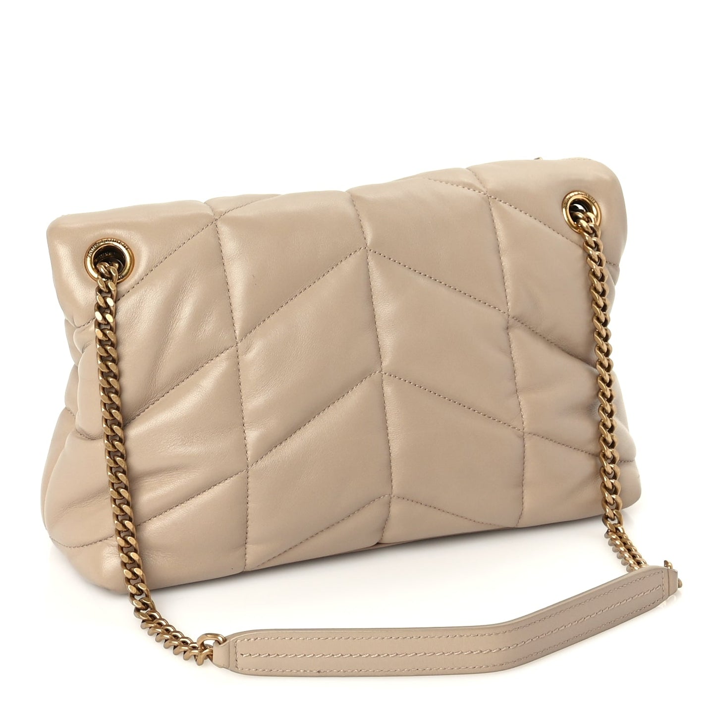 Saint Laurent Lambskin Quilted Small Loulou Puffer Monogram Chain Satchel Dark Beige