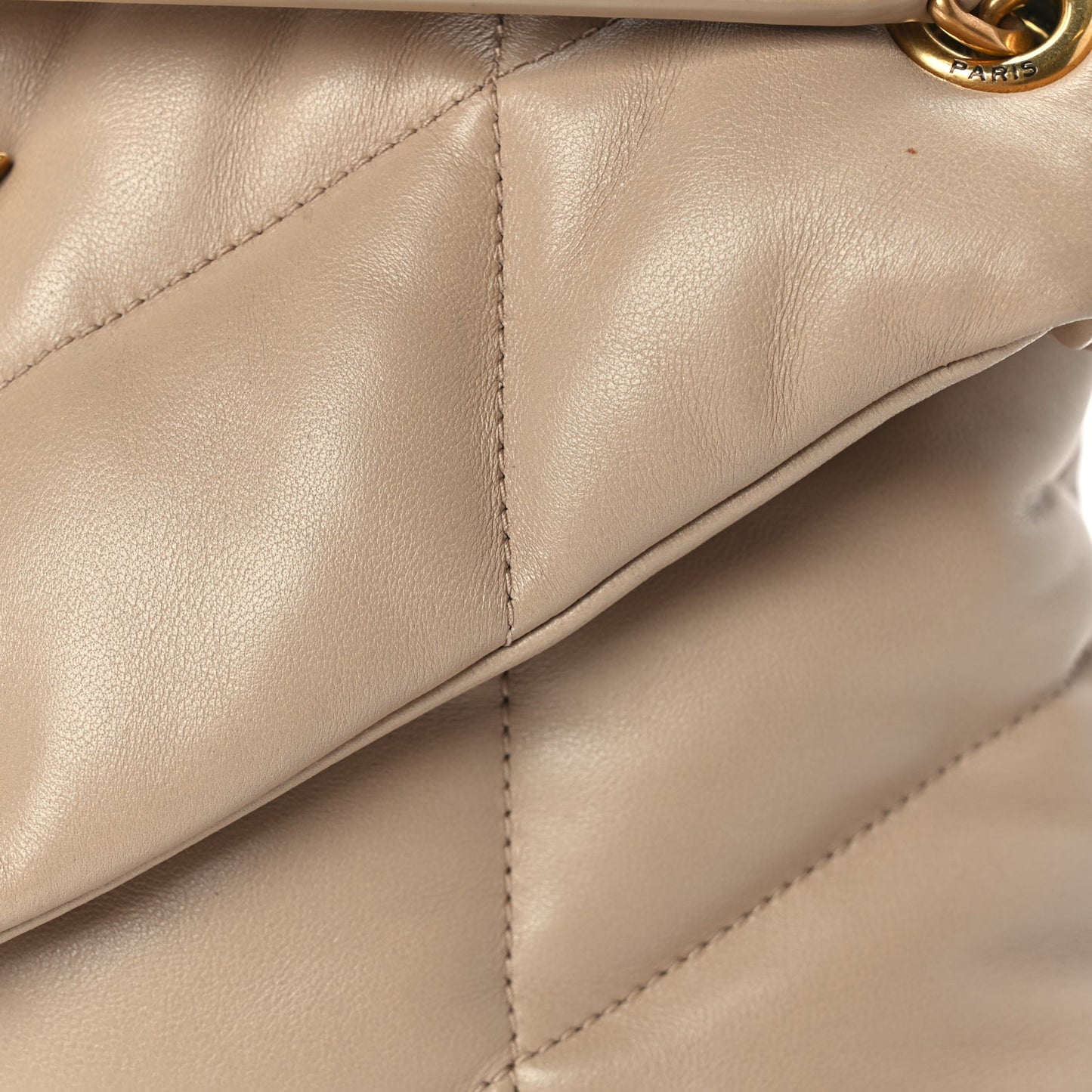 Saint Laurent Lambskin Quilted Small Loulou Puffer Monogram Chain Satchel Dark Beige