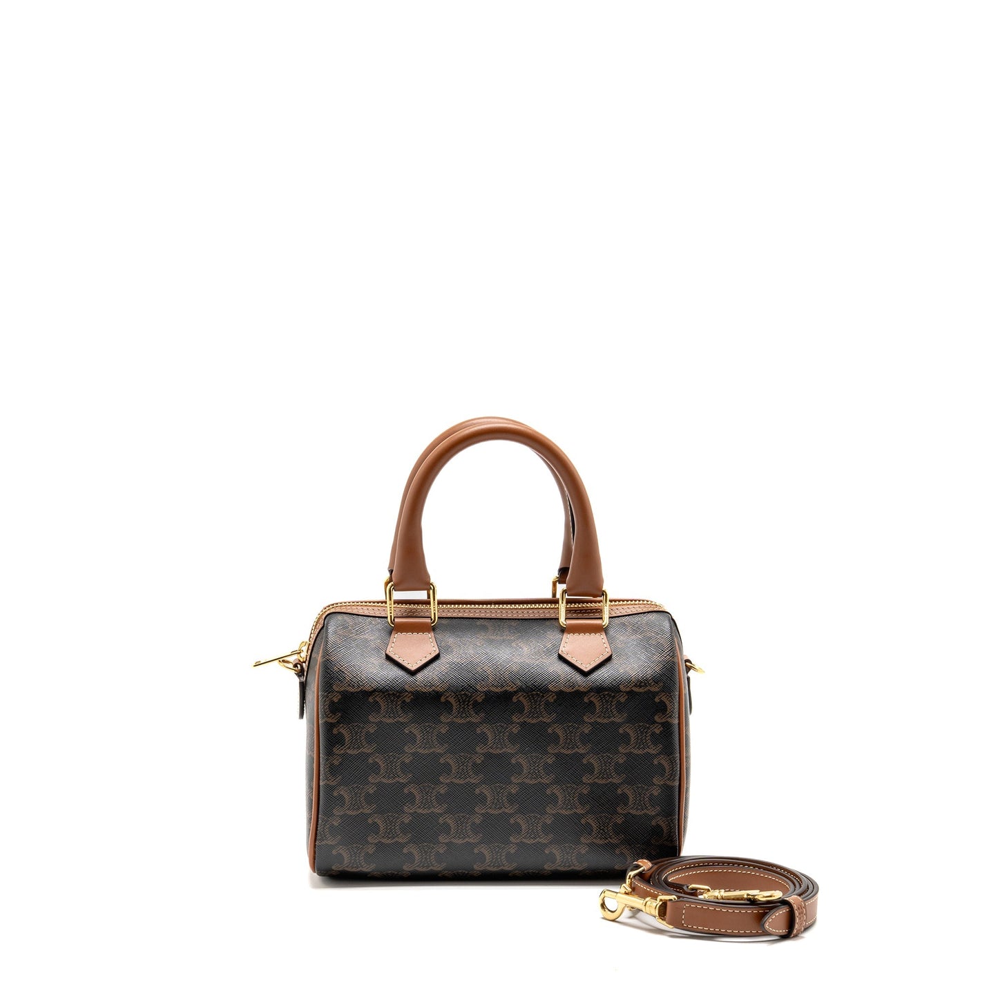 Celine Small Boston Purse Triomphe Canvas/Calfskin Tan