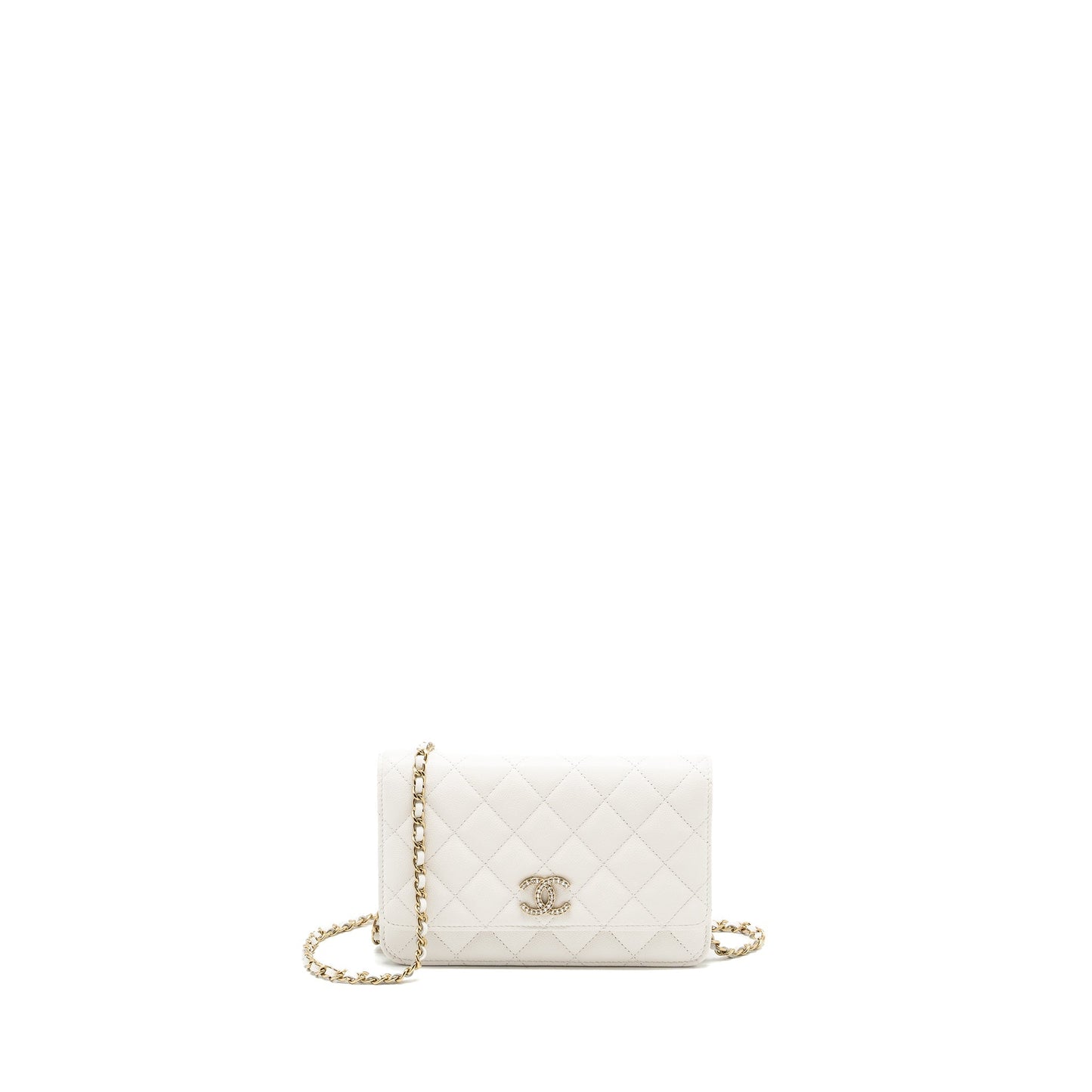 Chanel Detail Crystal CC Logo Wallet On Chain Caviar White L(Microchip)