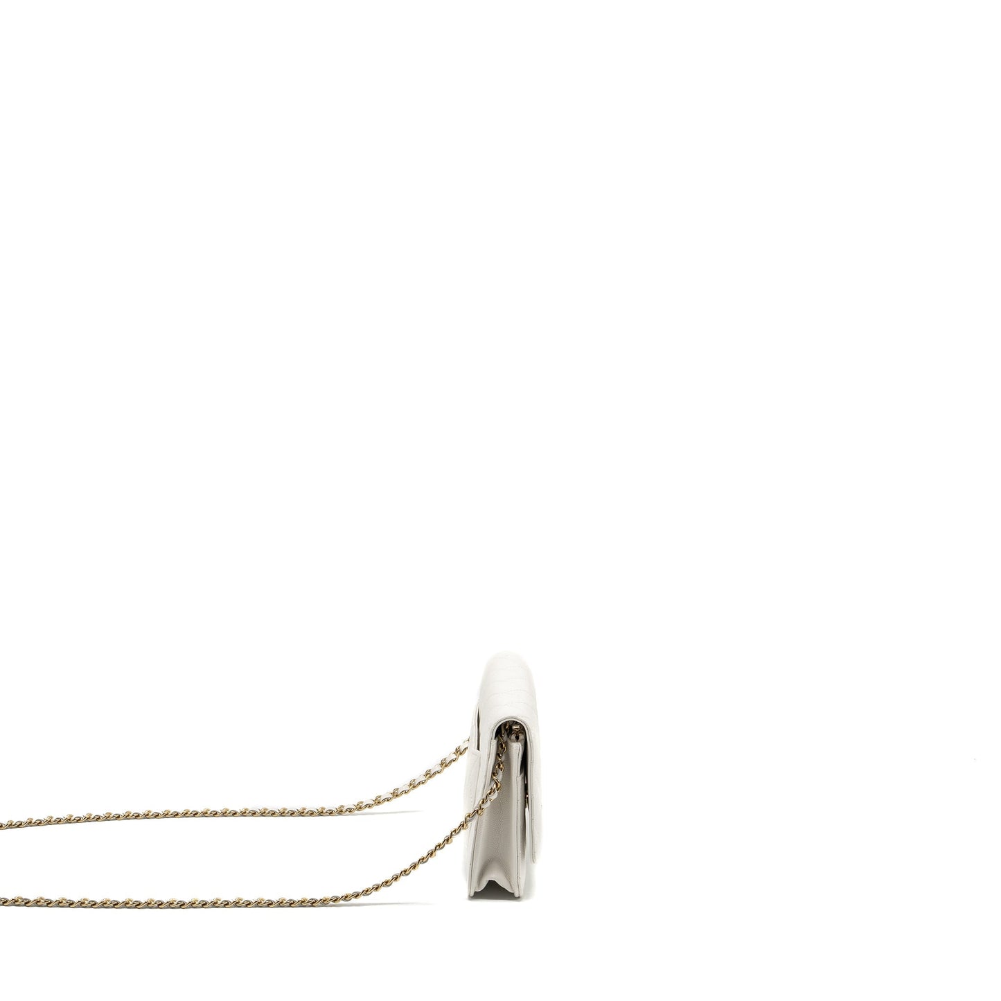 Chanel Detail Crystal CC Logo Wallet On Chain Caviar White L(Microchip)
