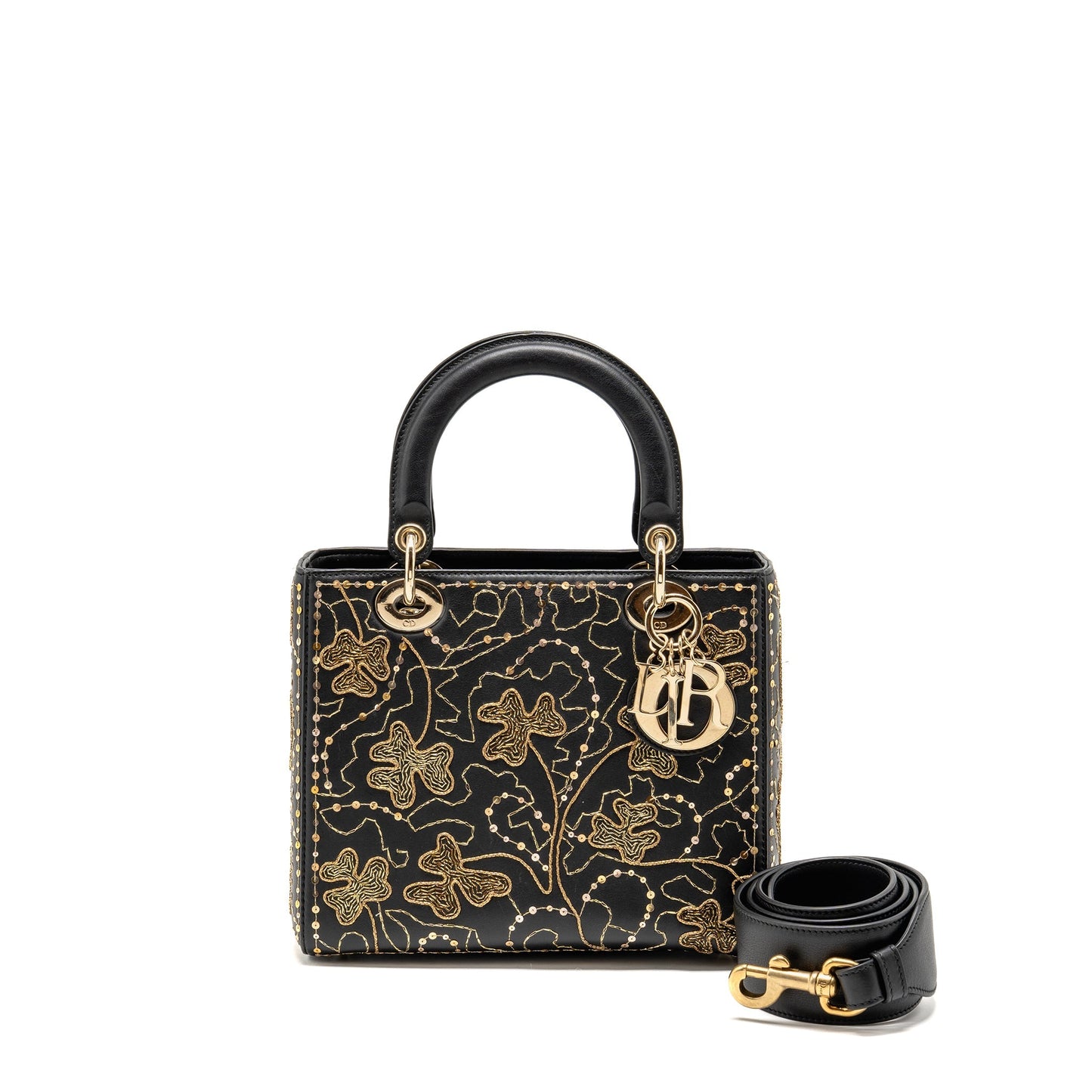 Dior Medium Lady Dior Embroidered Floral Limited Edition Leather Black/Gold