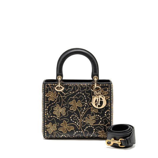 Dior Medium Lady Dior Embroidered Floral Limited Edition Leather Black/Gold