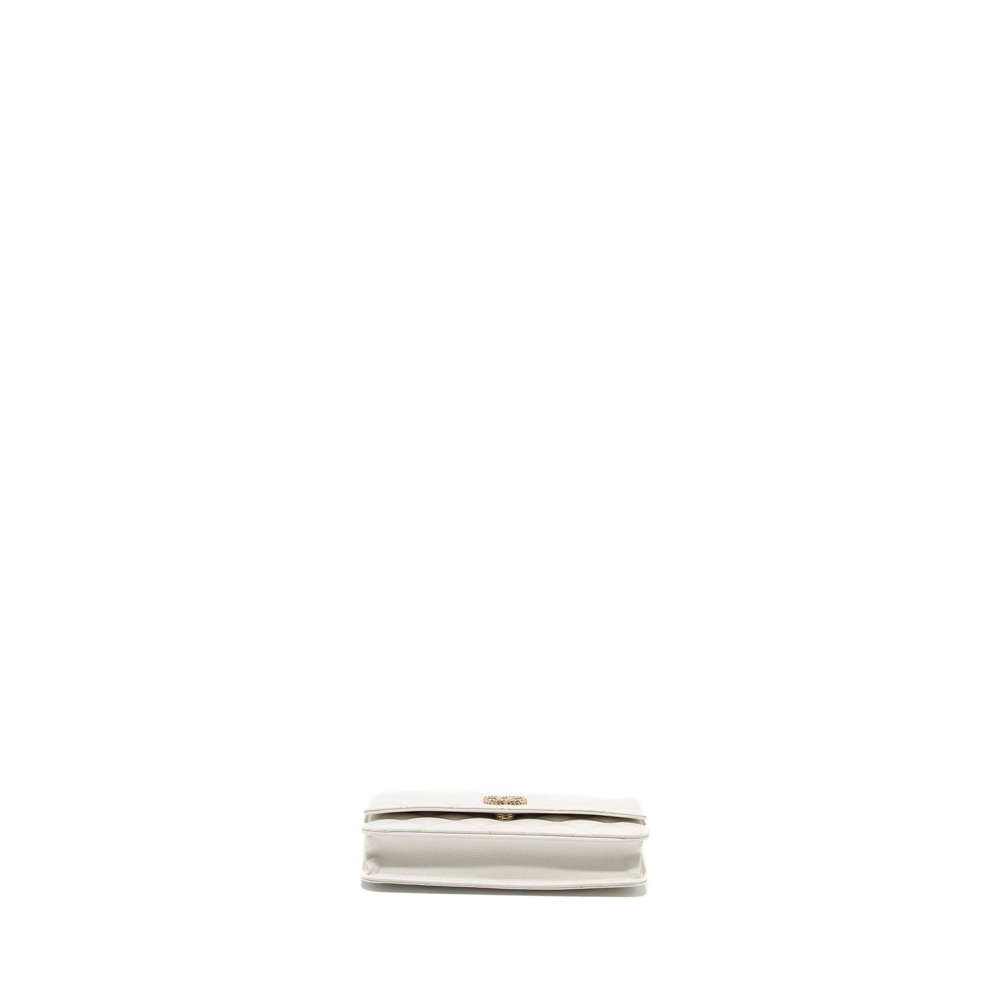 Chanel Detail Crystal CC Logo Wallet On Chain Caviar White L(Microchip)