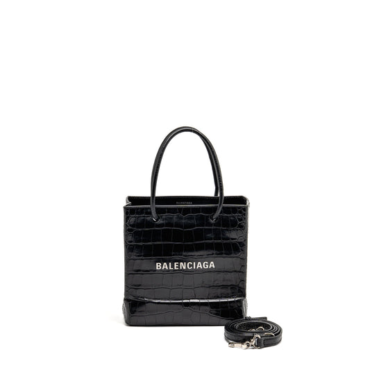 Balenciaga Shopping Tote Purse Crocodile-Embossed Calfskin Black