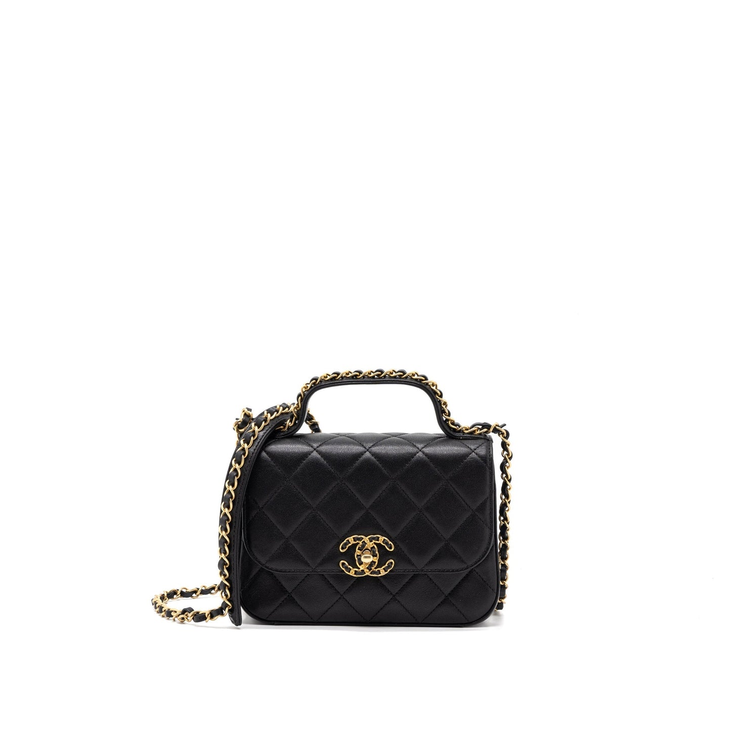 Chanel Top Handle Flap Bag Detailed Logo Goatskin Black