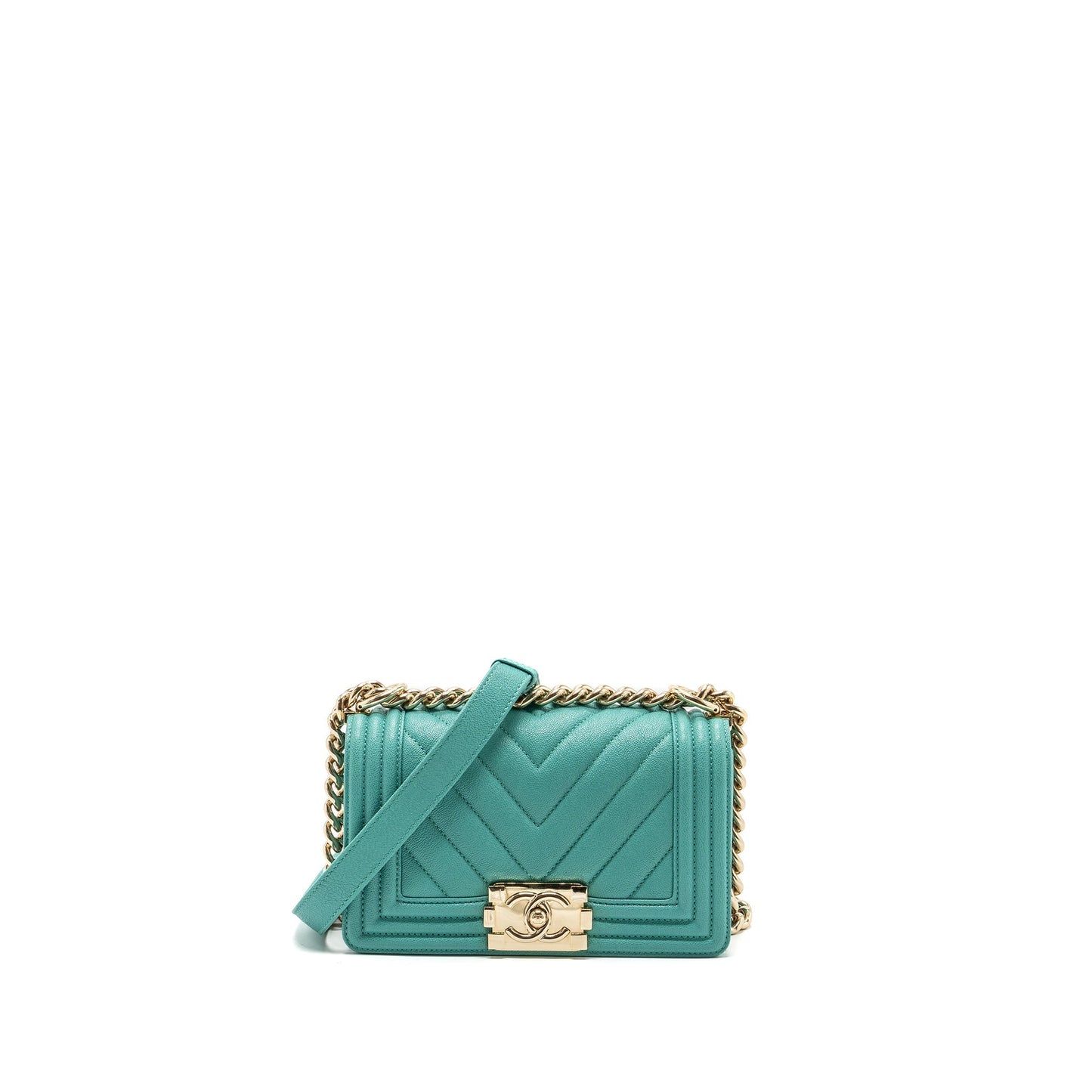Chanel Chevron small boy bag caviar light green L