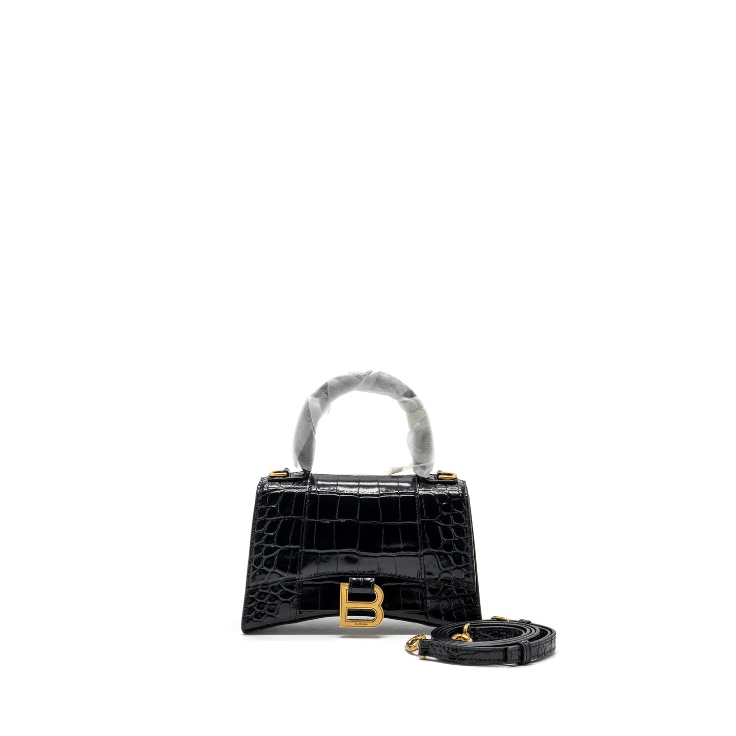 Balenciaga Hourglass Handbag Crocodile Embossed Black