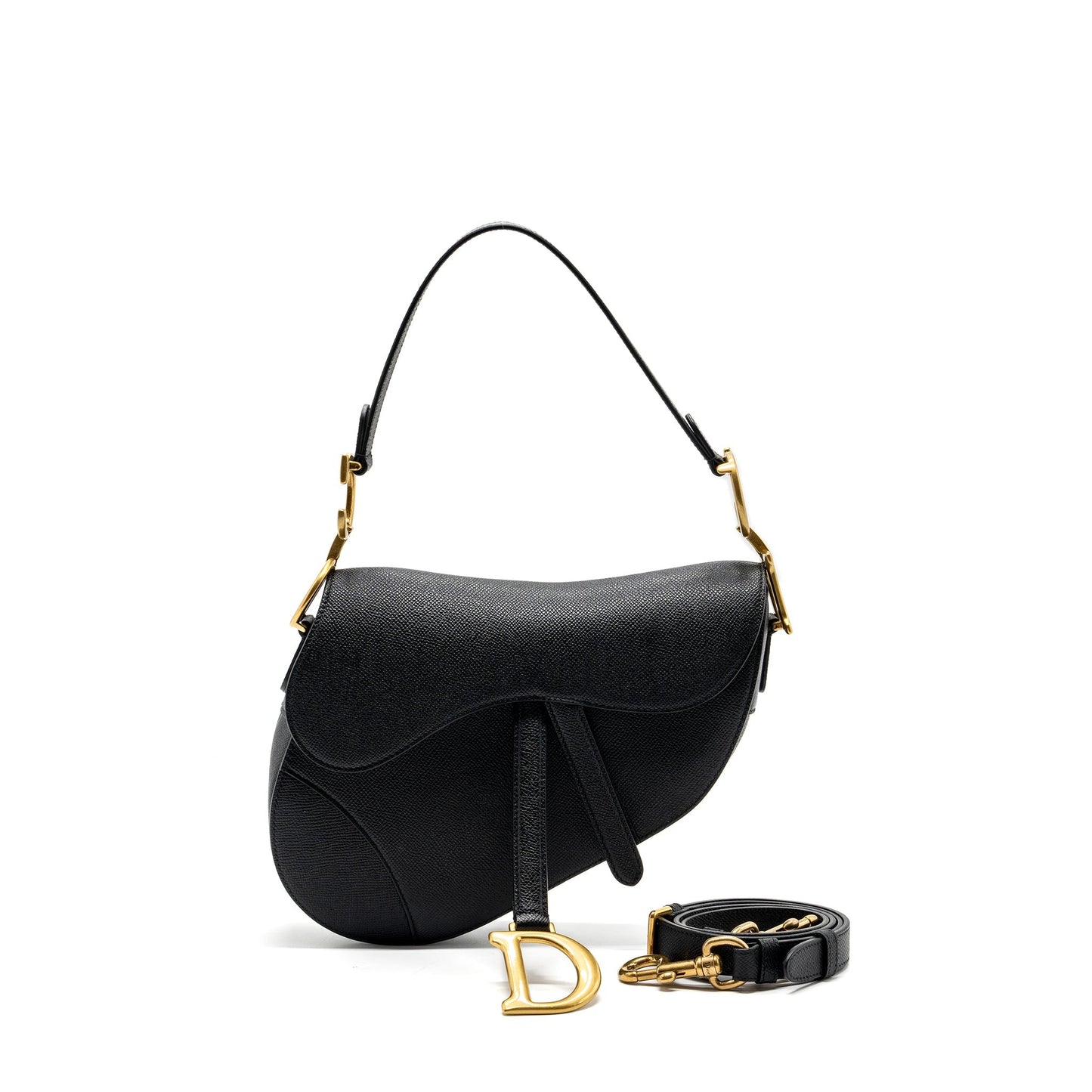 Dior medium saddle Purse with strap grained calfskin black