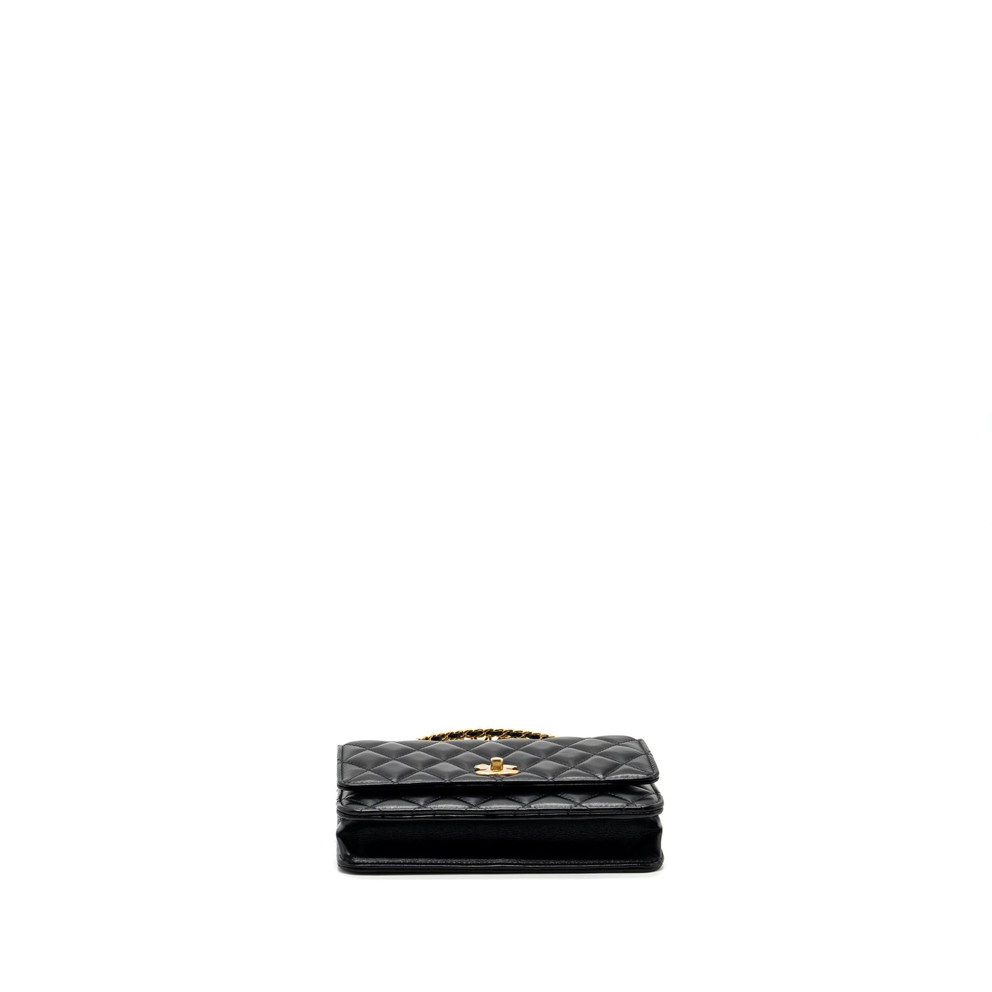 Chanel letter logo top handle flap wallet on chain shiny calfskin black  (microchip)