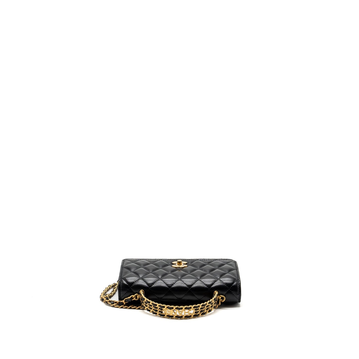 Chanel letter logo top handle flap wallet on chain shiny calfskin black  (microchip)