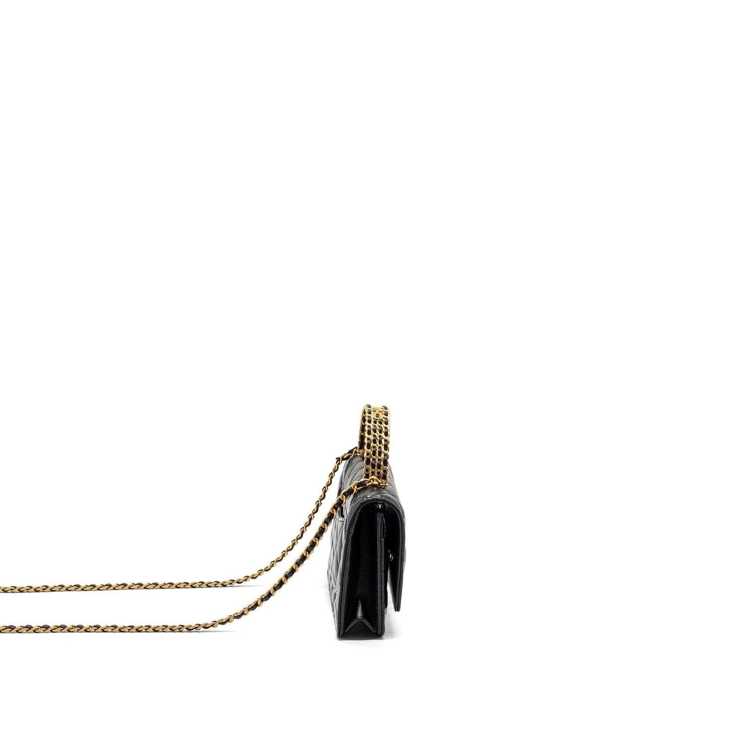 Chanel letter logo top handle flap wallet on chain shiny calfskin black  (microchip)