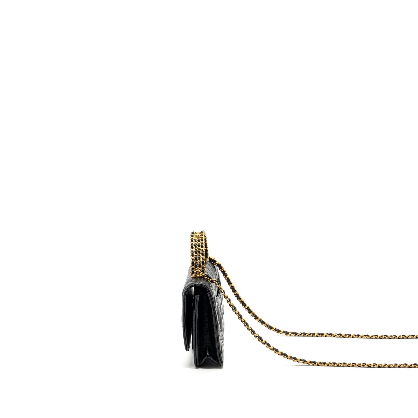 Chanel letter logo top handle flap wallet on chain shiny calfskin black  (microchip)