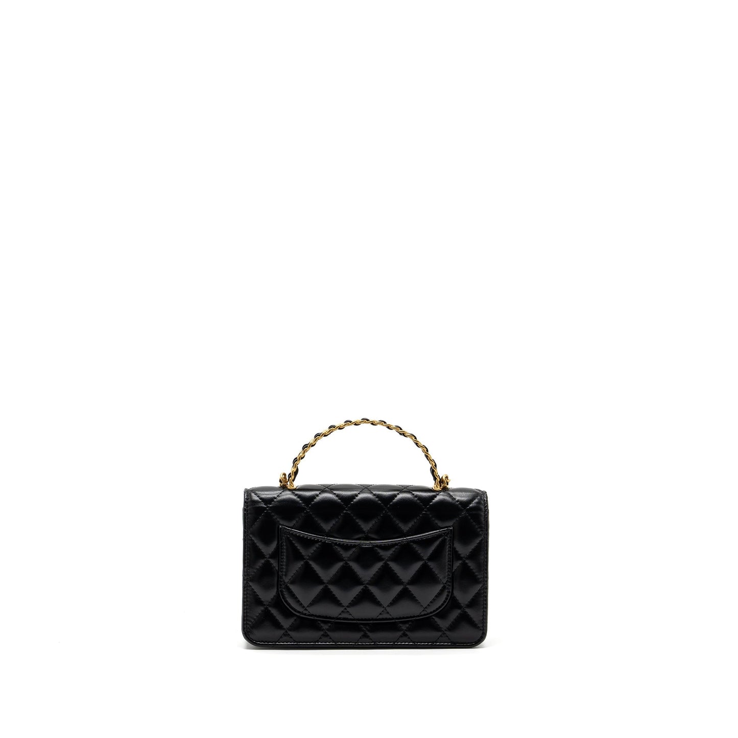 Chanel letter logo top handle flap wallet on chain shiny calfskin black  (microchip)