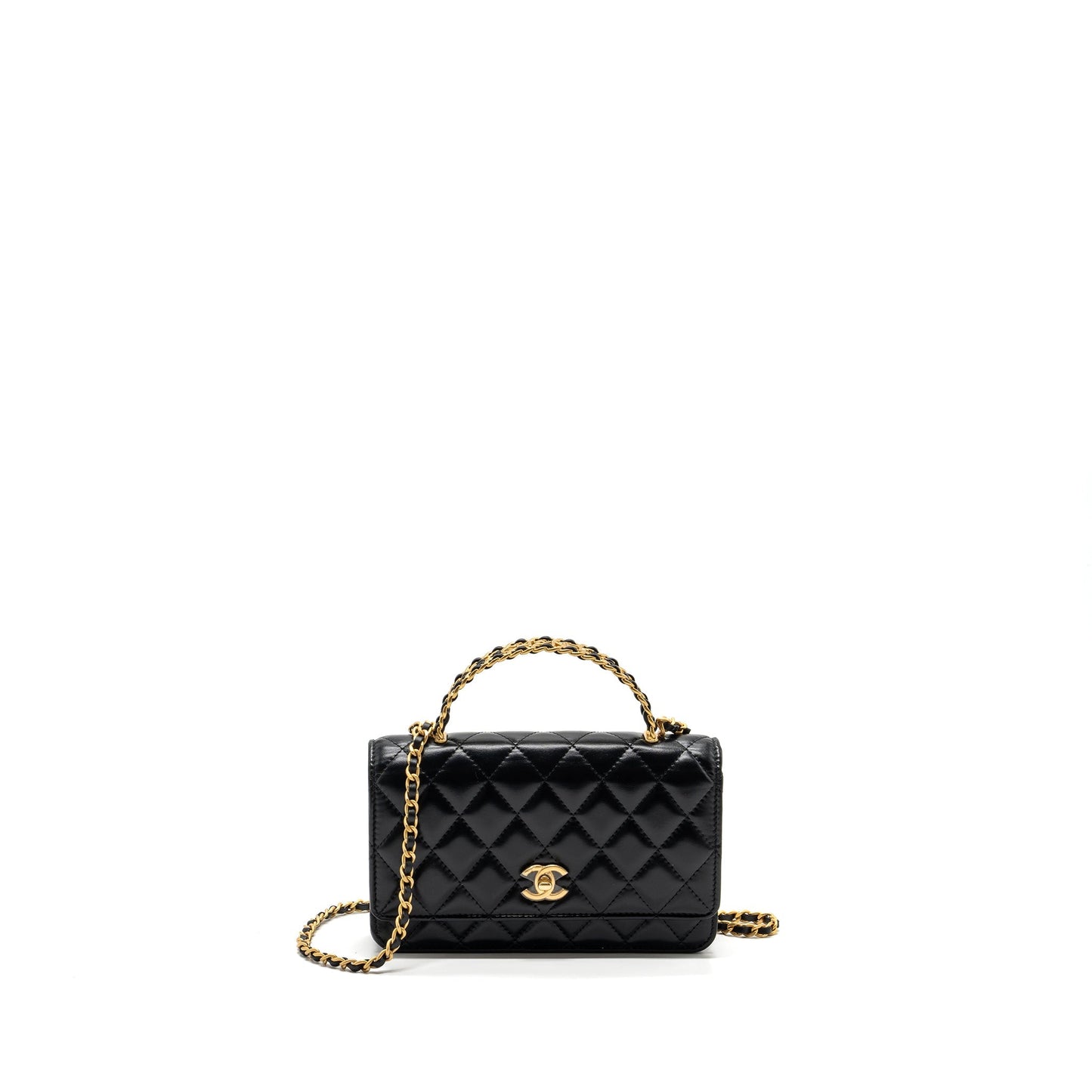 Chanel letter logo top handle flap wallet on chain shiny calfskin black  (microchip)