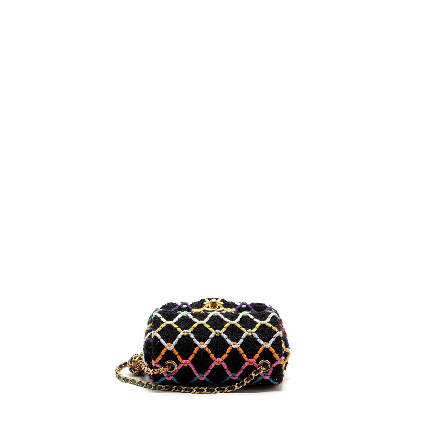 Chanel 22S pearl crush mini square flap bag fabric / tweed black / multicolor  (microchip)