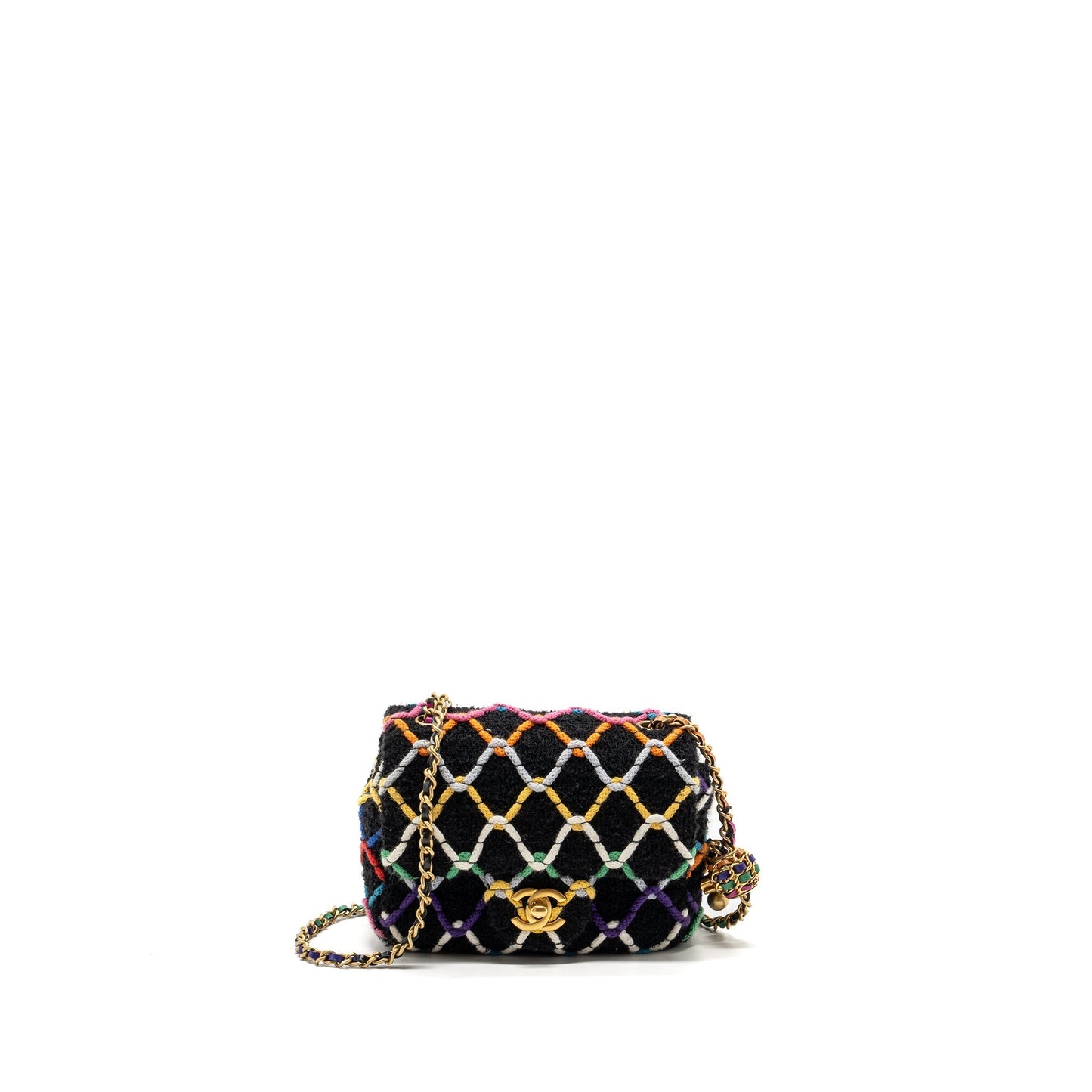Chanel 22S pearl crush mini square flap bag fabric / tweed black / multicolor  (microchip)
