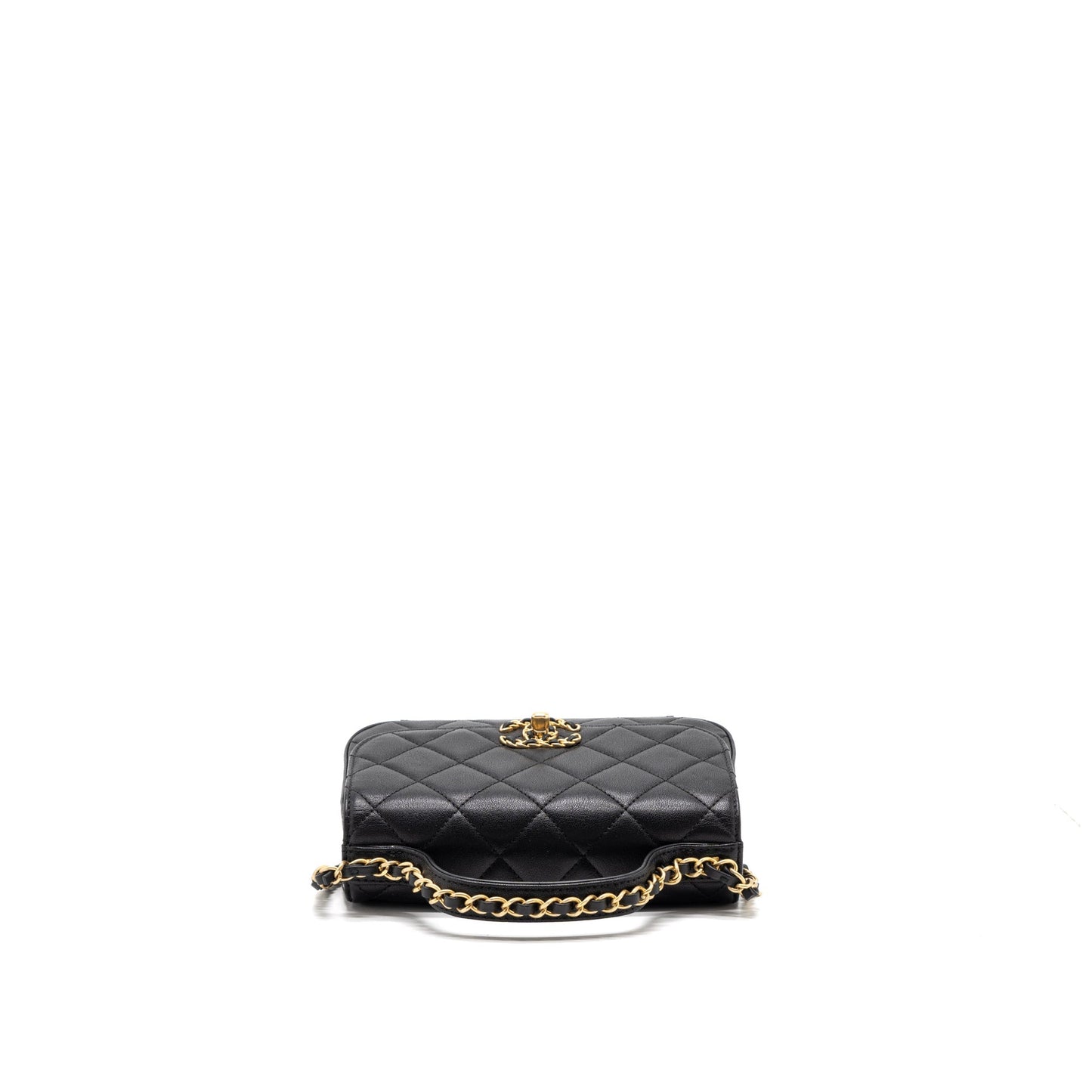Chanel Top Handle Flap Bag Detailed Logo Goatskin Black