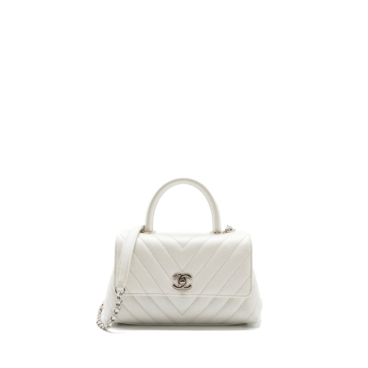 Chanel chevron small coco handle caviar iridescent white
