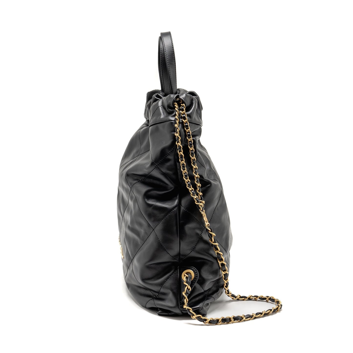 Chanel 22 Backpack White Letter Logo Shiny Calfskin Black  (Microchip)